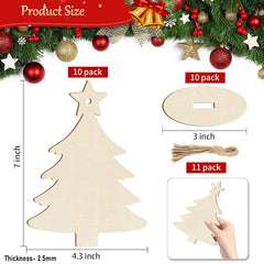 Wooden Christmas tree decorations with measurements and product details on a festive background.