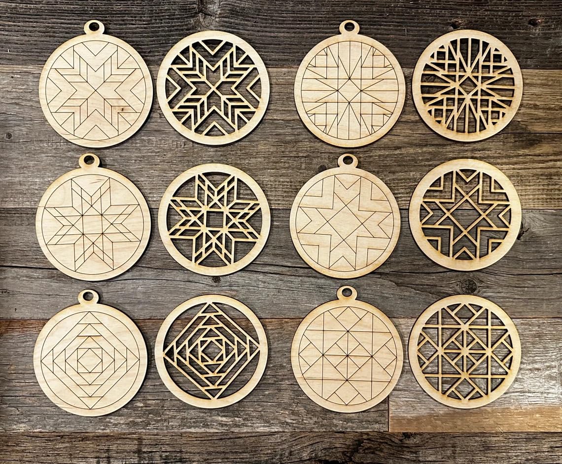 Set of wooden geometric pendants on a rustic wooden surface