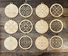 Set of wooden geometric pendants on a rustic wooden surface
