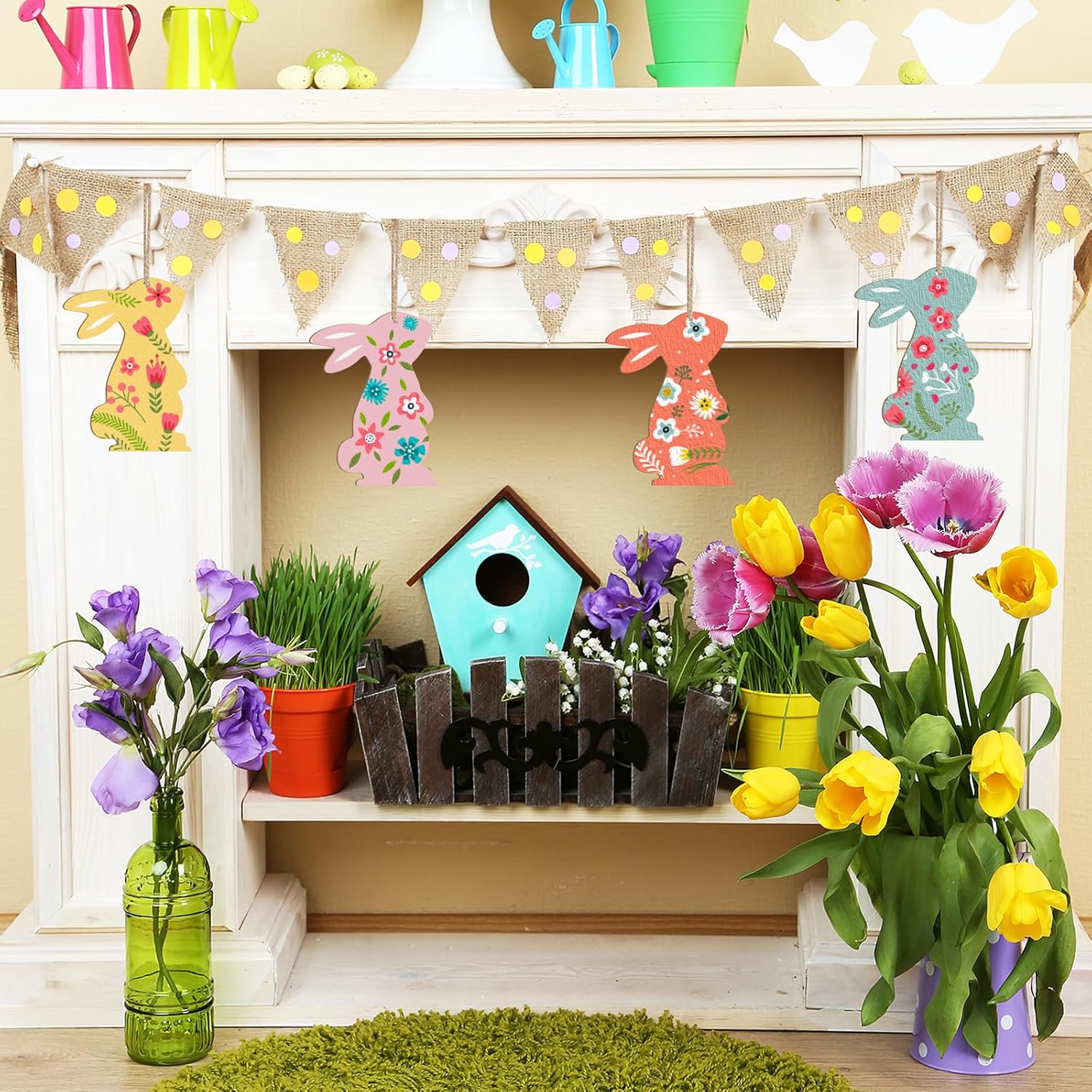Decorative shelf with flowers, birdhouse, and Easter decorations in a home setting.