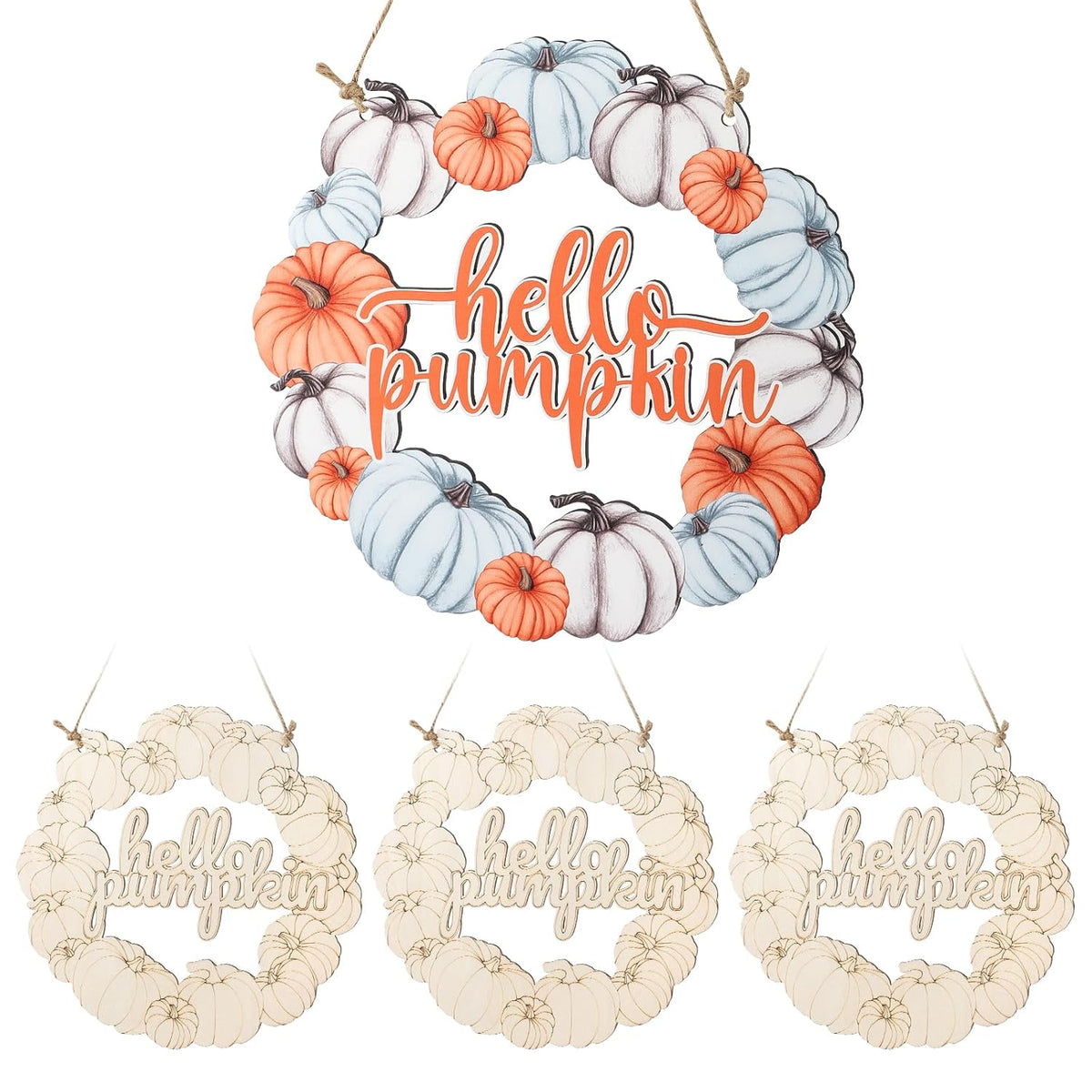 Decorative wreaths with 'hello pumpkin' text and pumpkins on a white background