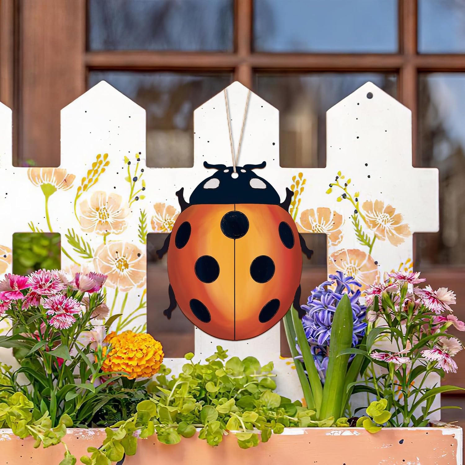 Decorative garden scene with a ladybug design, flowers, and plants in front of a white picket fence.