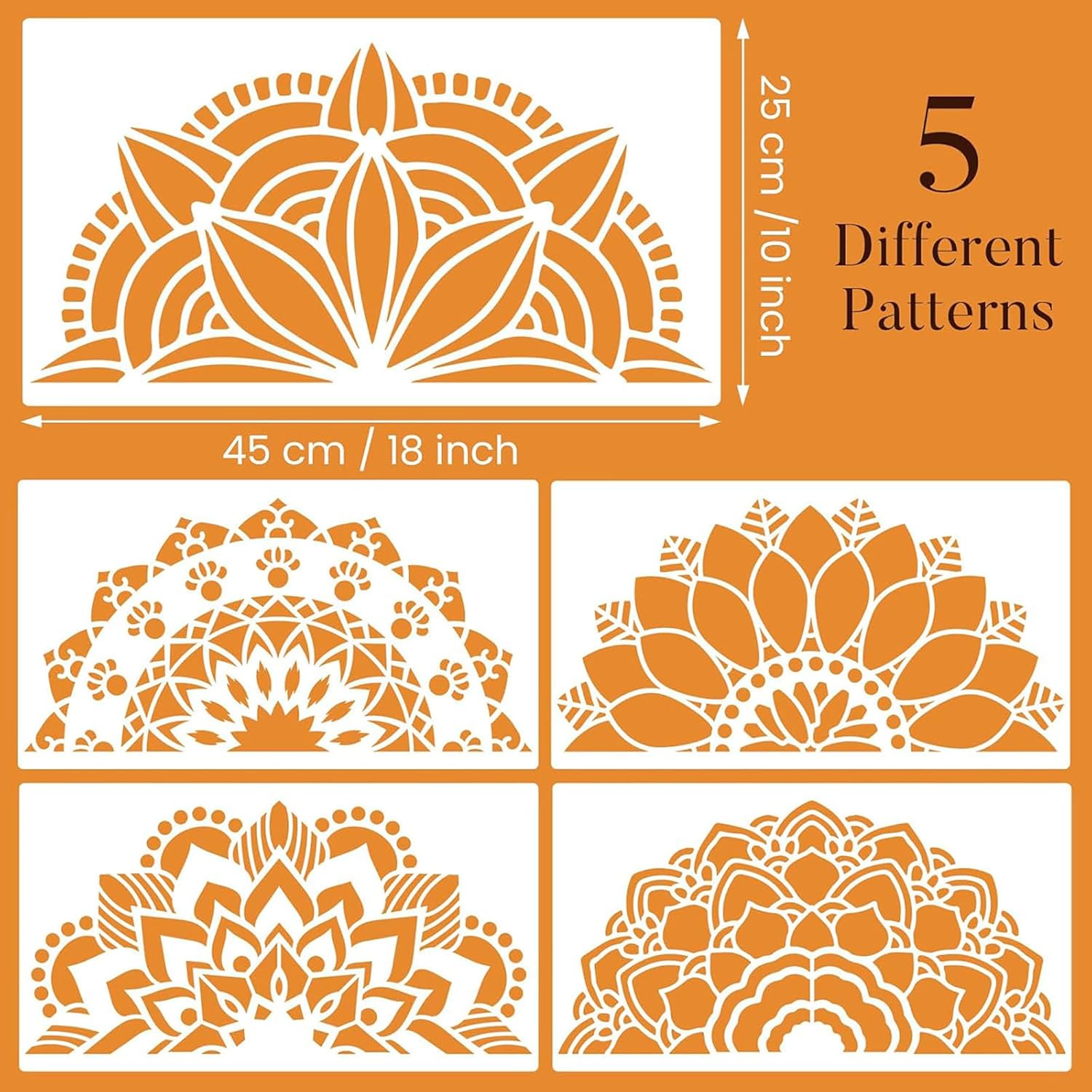 Set of five decorative stencils with floral patterns on an orange background