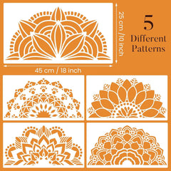Set of five decorative stencils with floral patterns on an orange background