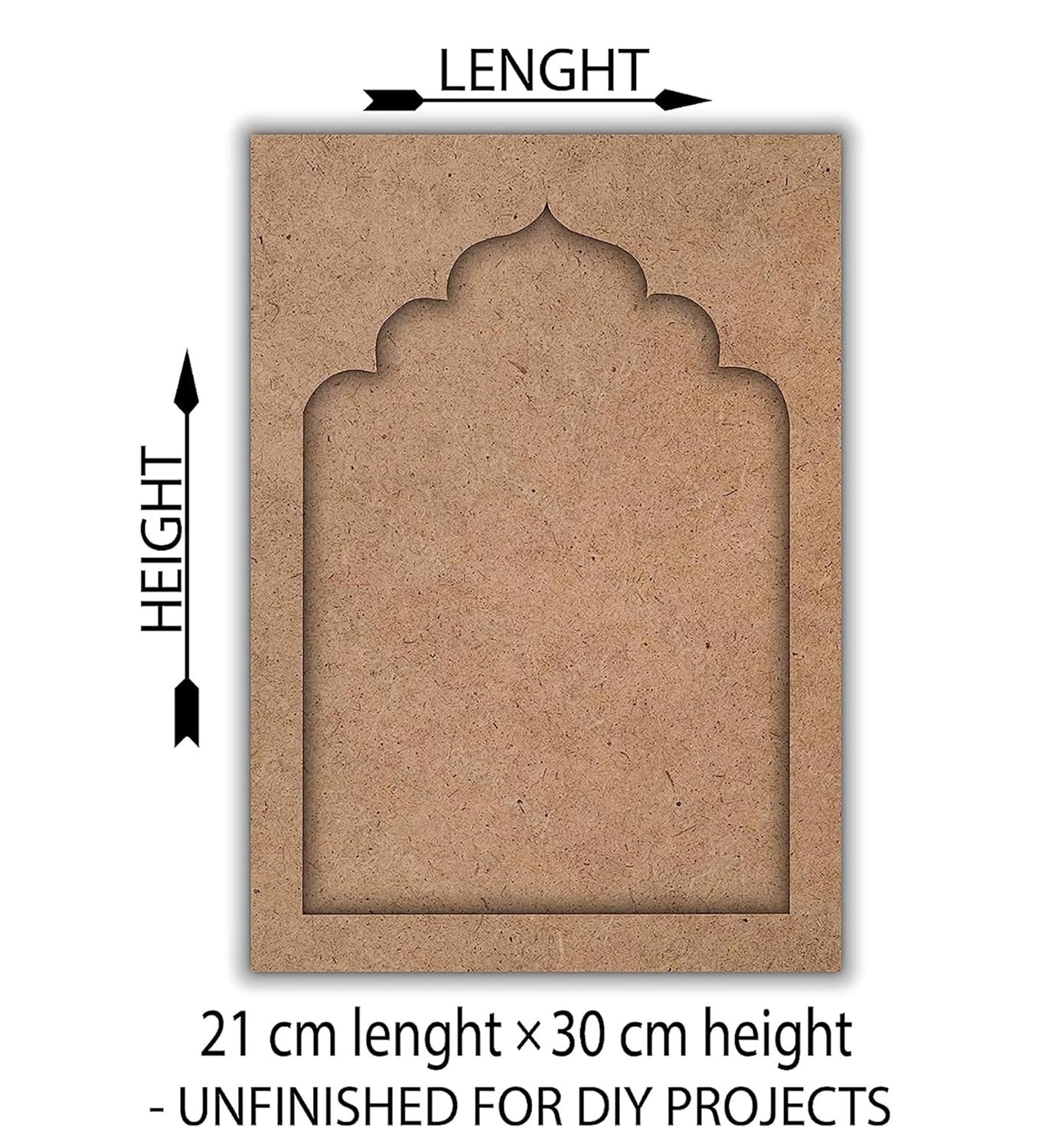 Unfinished cardboard panel with decorative cutout, labeled for length and height, suitable for DIY projects.