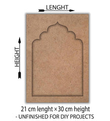 Unfinished cardboard panel with decorative cutout, labeled for length and height, suitable for DIY projects.