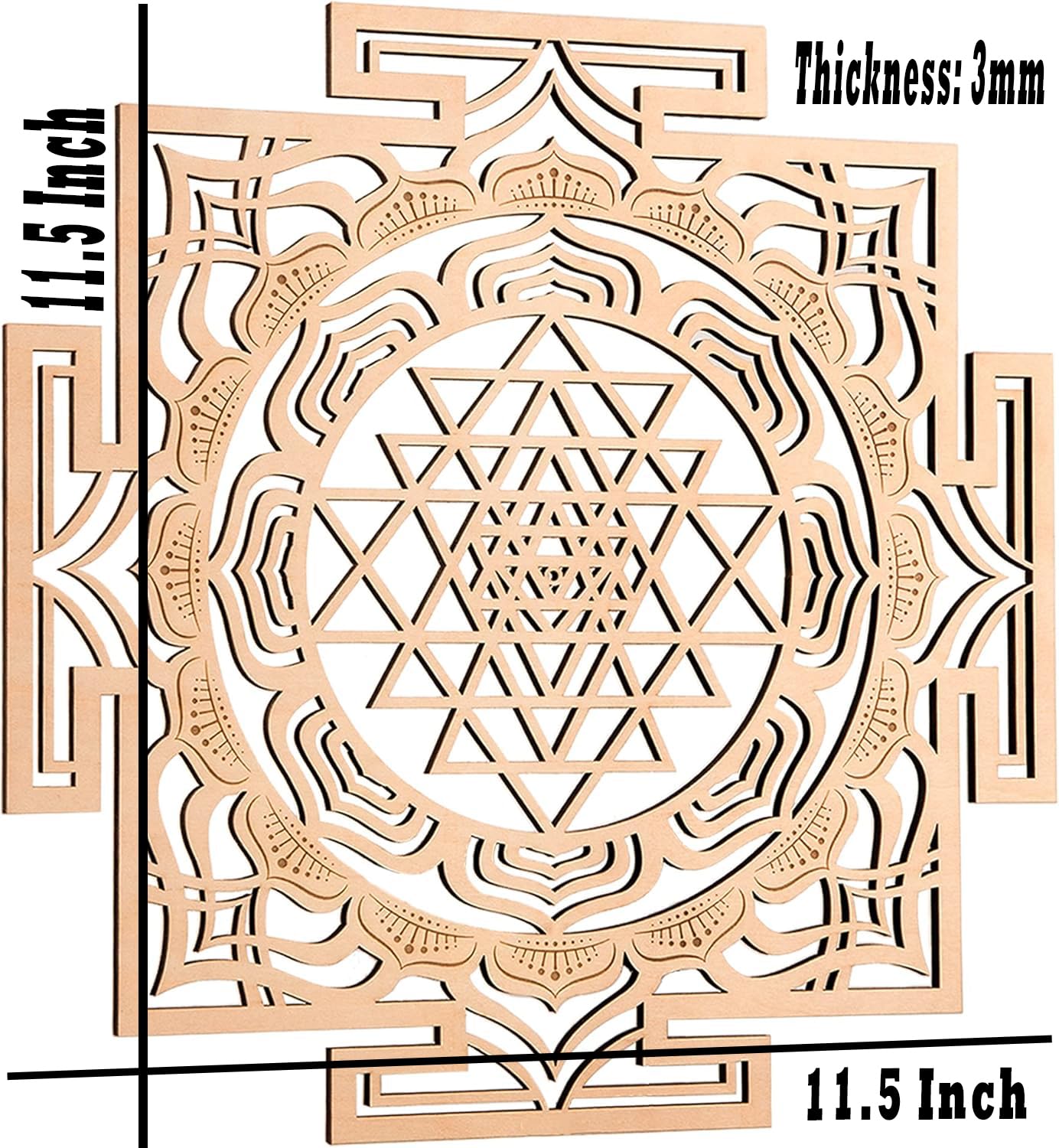 Decorative square panel with intricate patterns and measurements on a white background