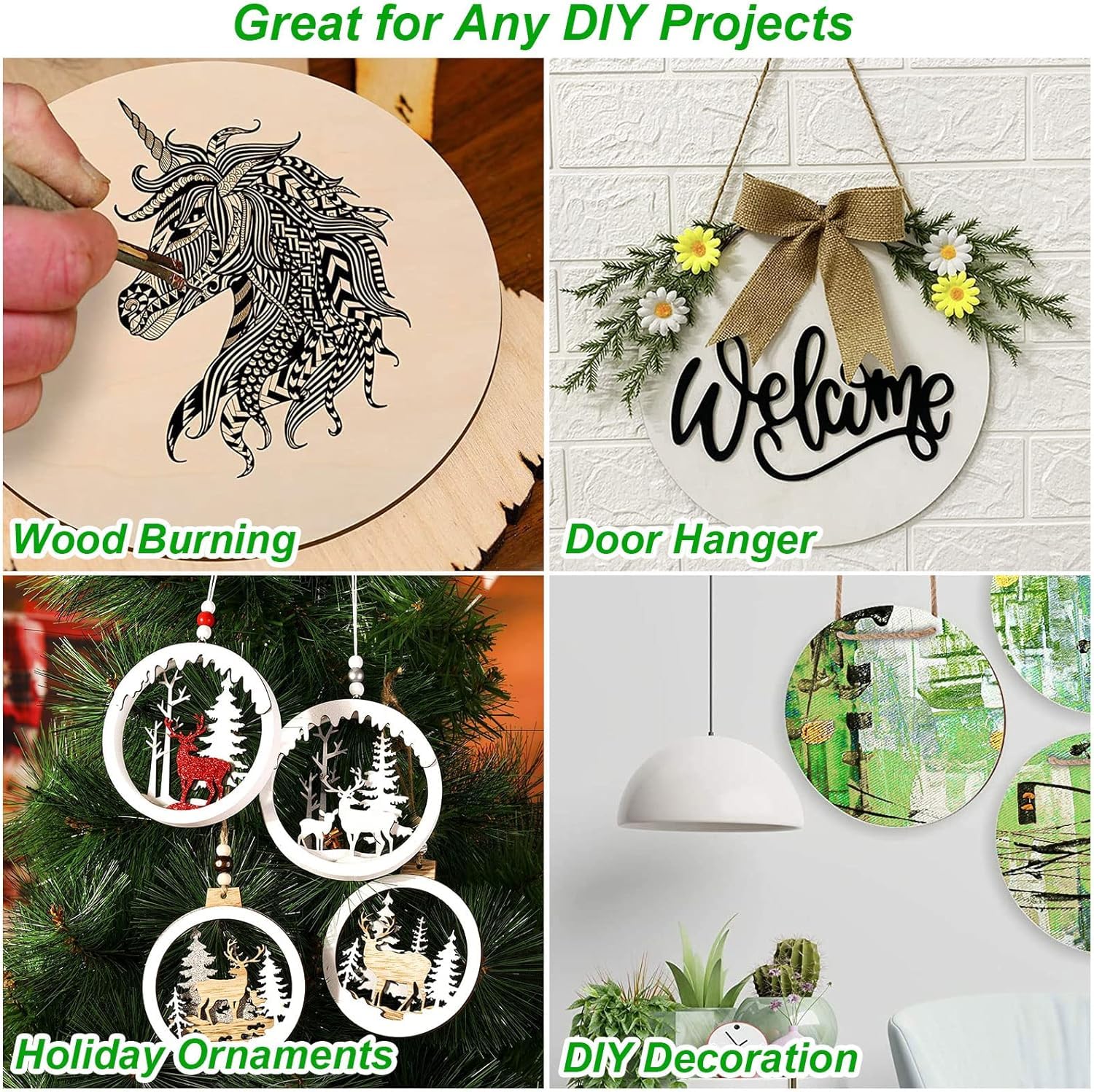 Collage of DIY projects including wood burning, door hanger, holiday ornaments, and wall decor.