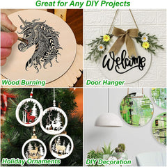 Collage of DIY projects including wood burning, door hanger, holiday ornaments, and wall decor.
