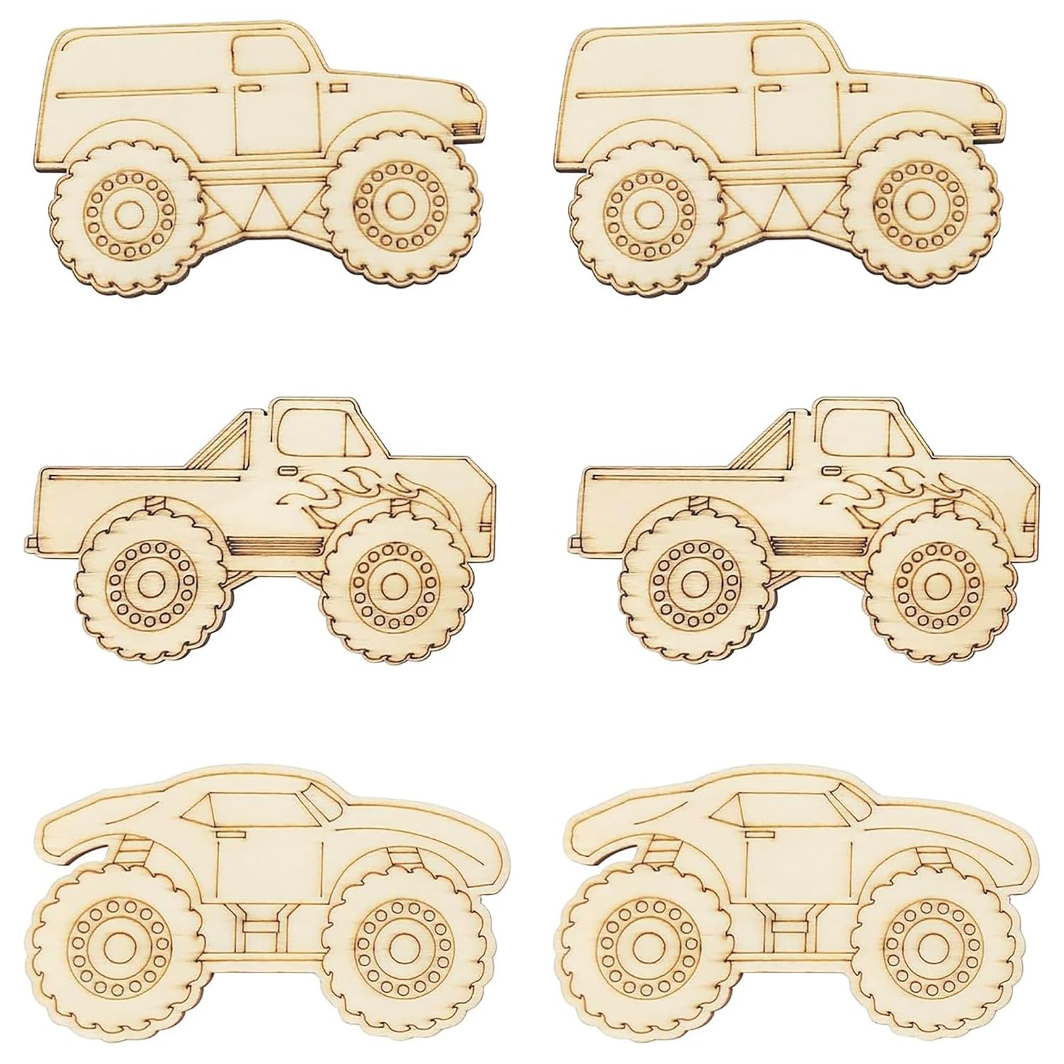 Set of six wooden monster truck models on a white background
