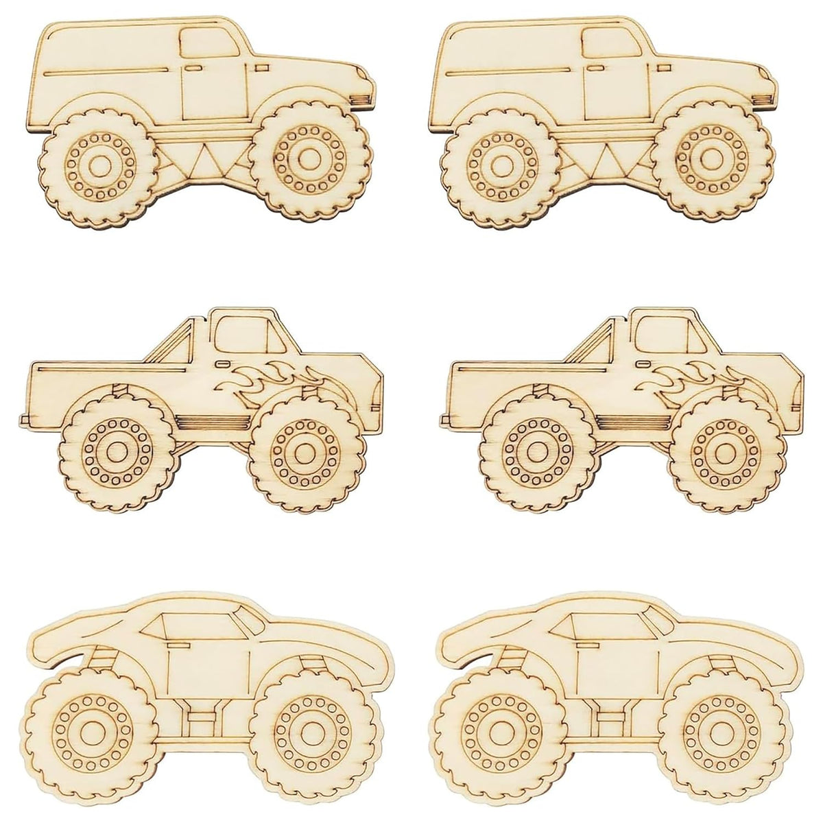 Set of six wooden monster truck models on a white background