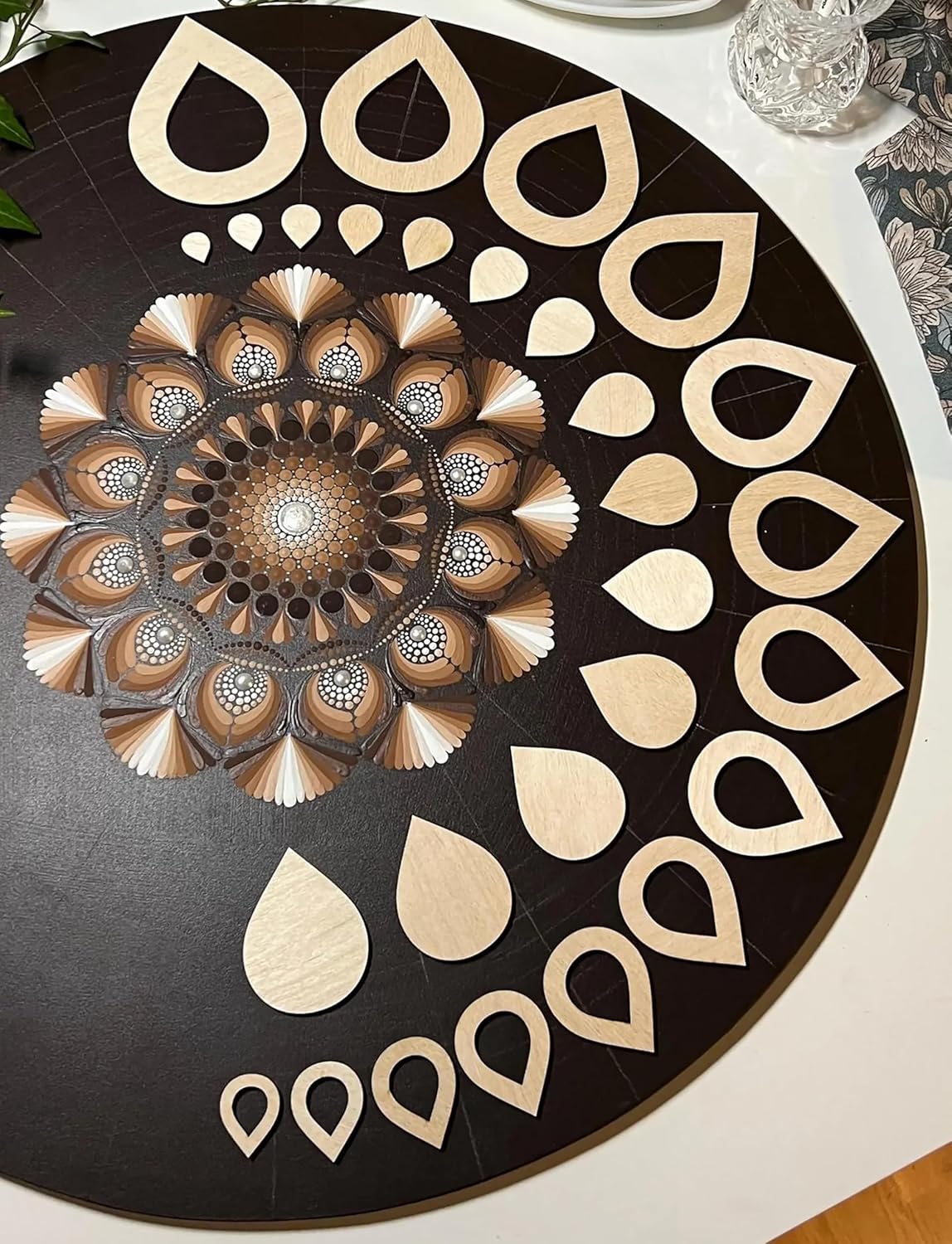 Decorative round mat with geometric pattern on a surface