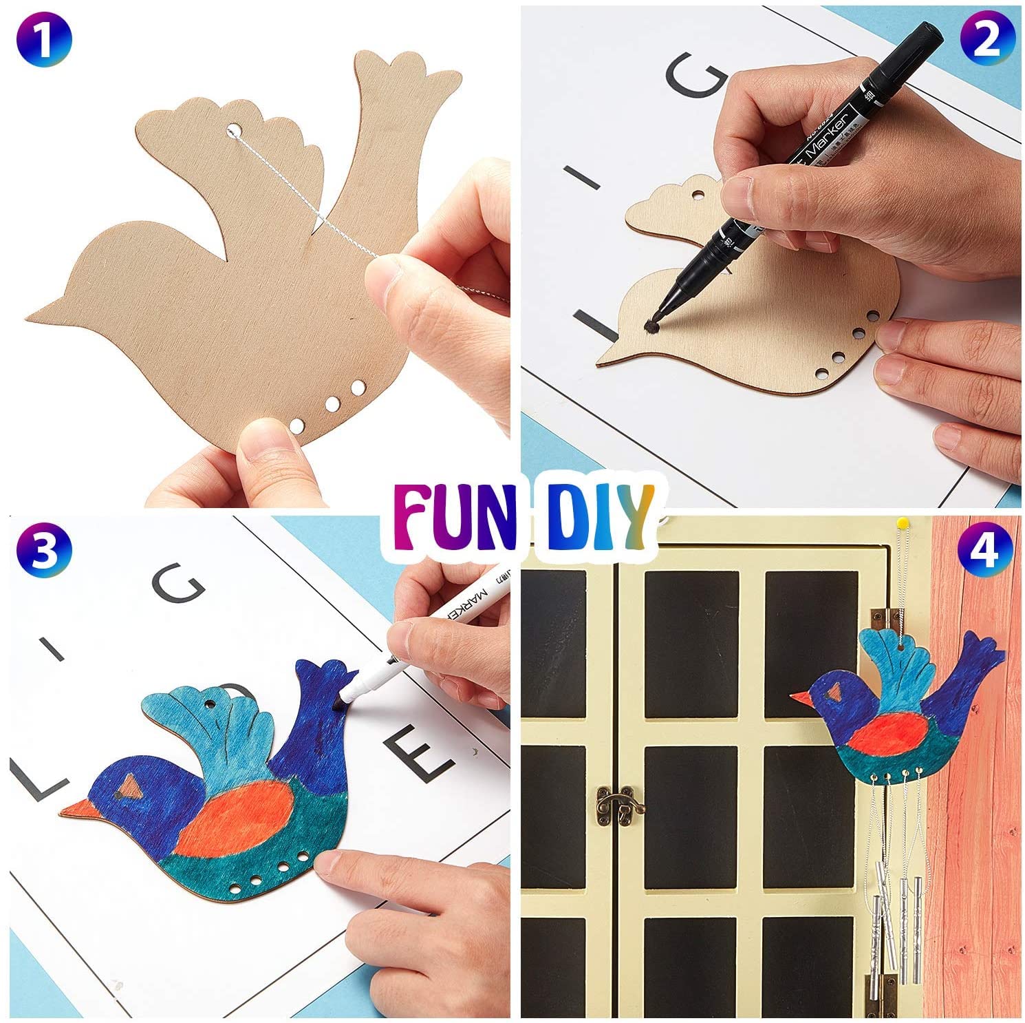 Step-by-step DIY craft project with a bird design, including cutting, coloring, and hanging.