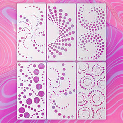 Set of six polka dot stencils on a pink and white swirled background