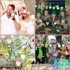 Collage of people wearing festive hats and decorations, including a birthday party scene.