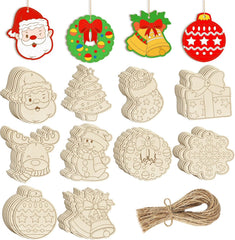Set of wooden Christmas ornaments with jute string on a white background