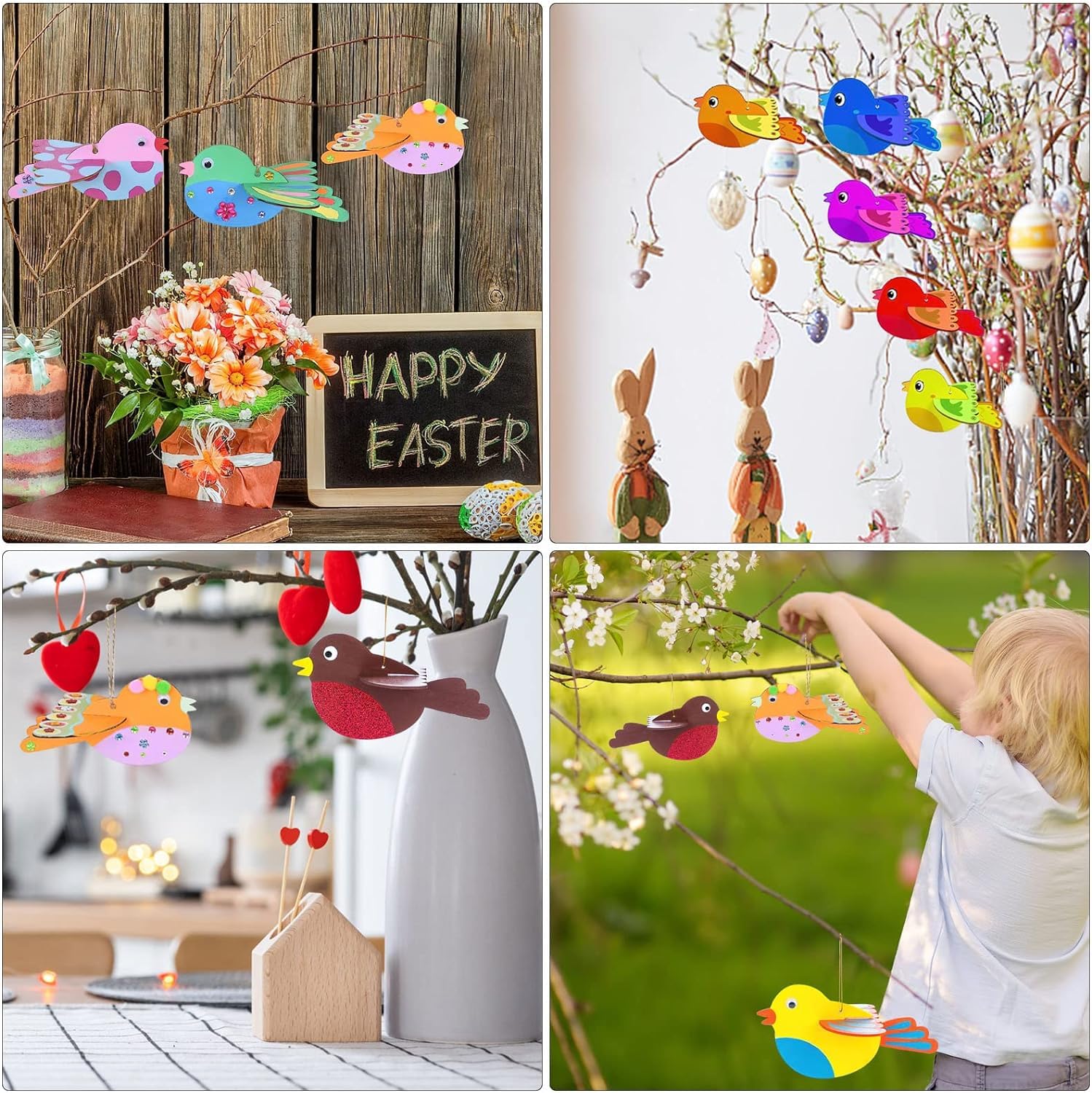 Collage of Easter decorations including colorful birds, flowers, and a child playing with a toy.