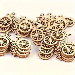 Stack of wooden bicycle-shaped cutouts on a white background