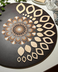Decorative round mat with geometric patterns on a table