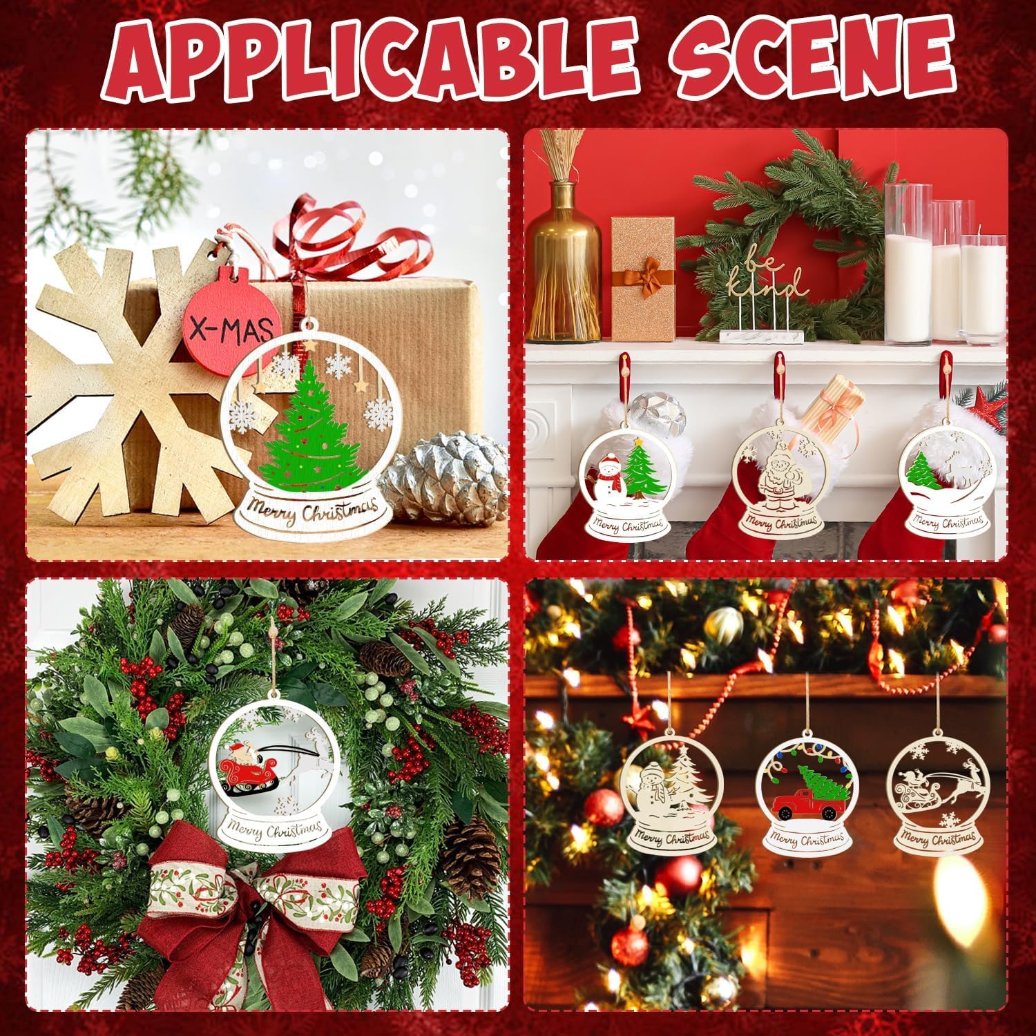 Collage of Christmas decorations with transparent hanging ornaments on a red background.