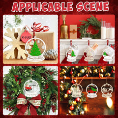 Collage of Christmas decorations with transparent hanging ornaments on a red background.