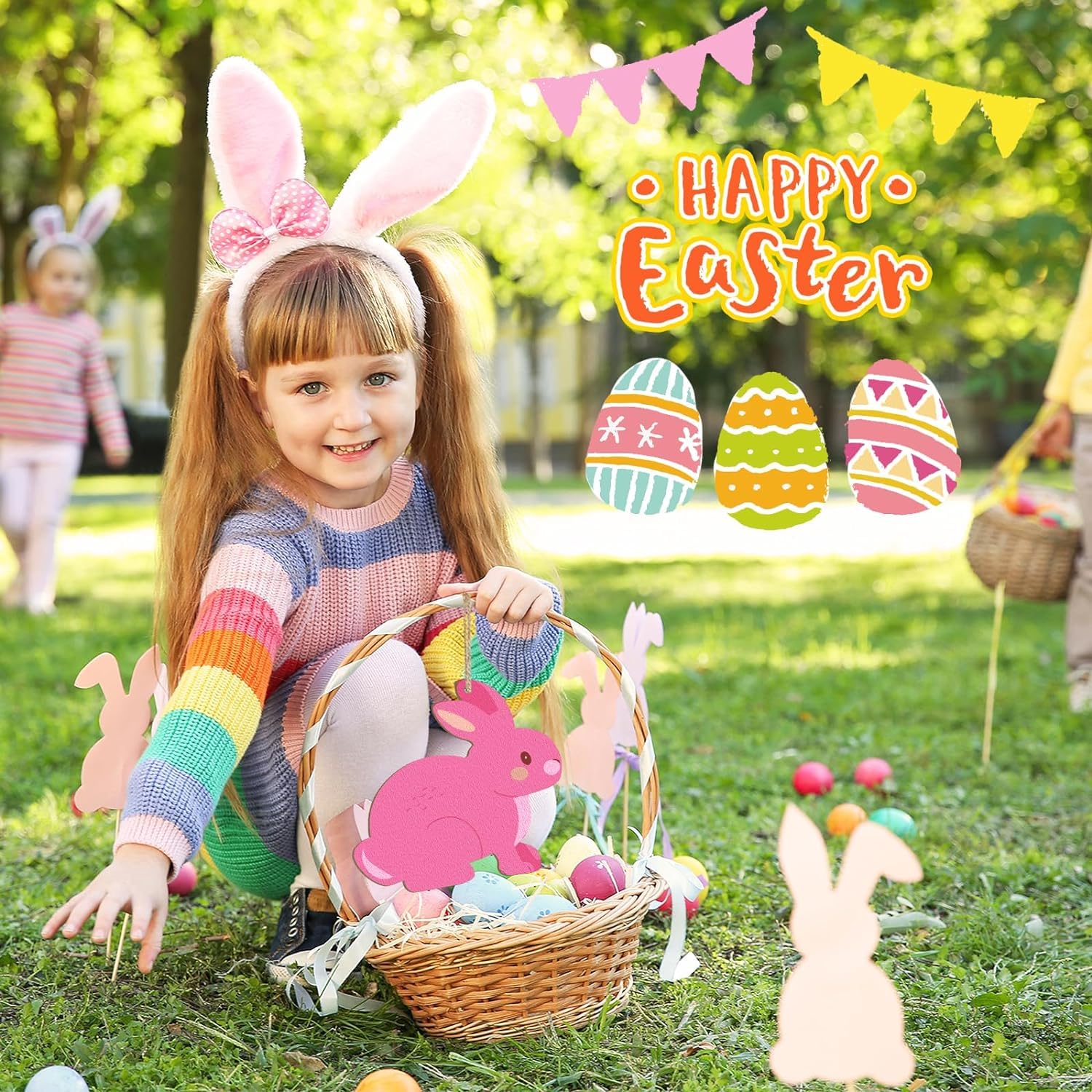Child with Easter basket and bunny ears in a park, surrounded by Easter eggs and decorations.