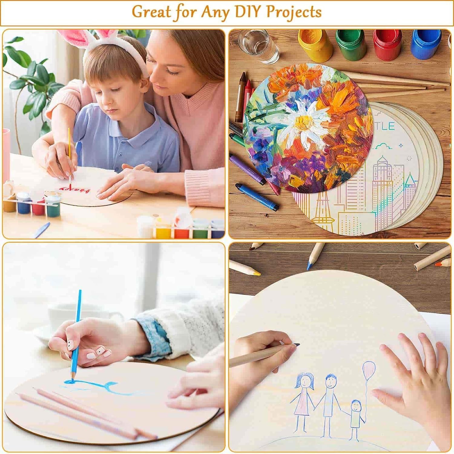 Collage of people engaging in DIY projects with colorful paint and wooden boards.