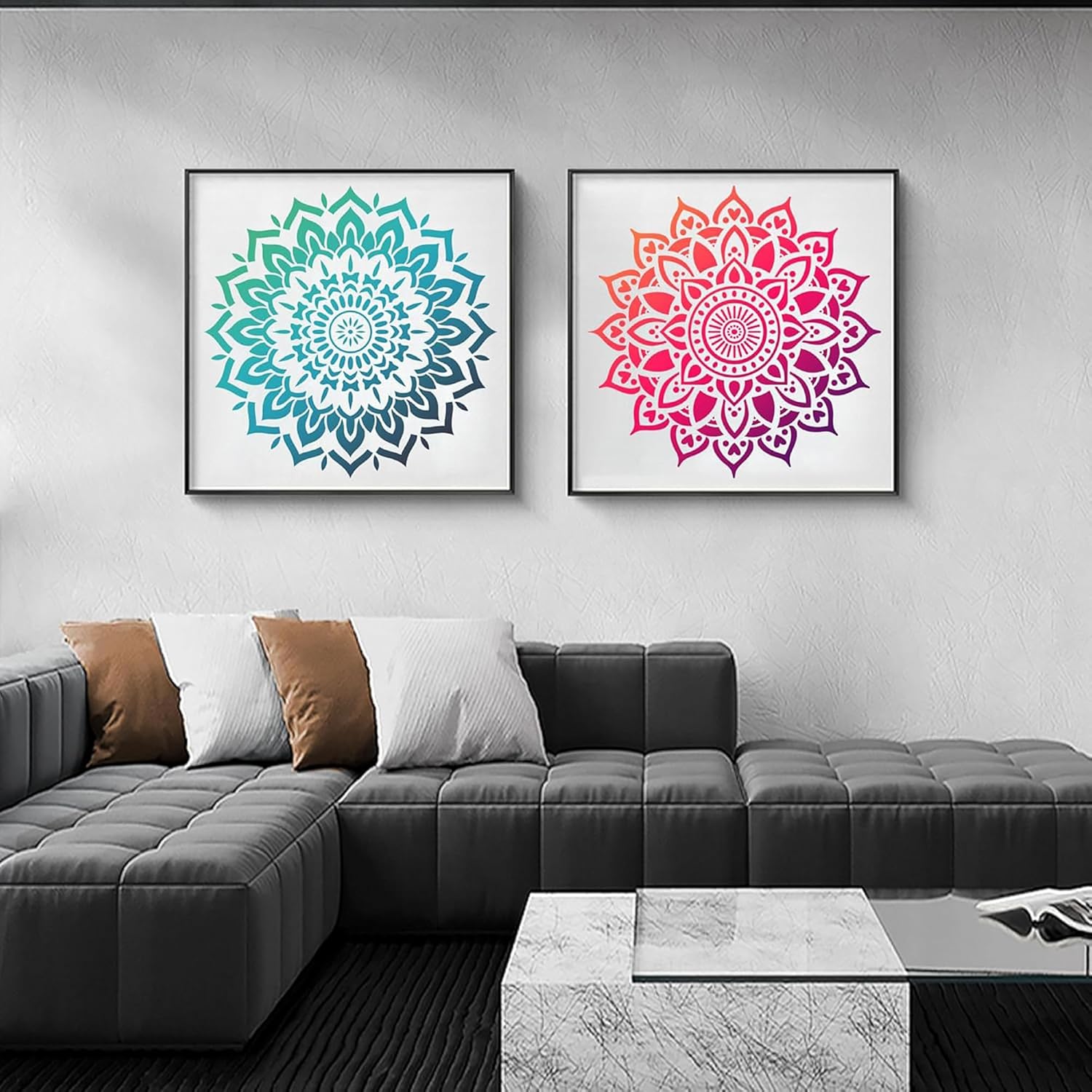 Two framed mandala artworks on a wall above a gray sectional sofa.