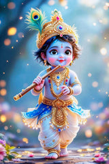 Illustration of a child-like figure with traditional attire and accessories against a blurred natural background.
