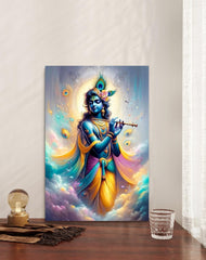 Colorful depiction of a deity on a wall with a glass and decorative items on a table.