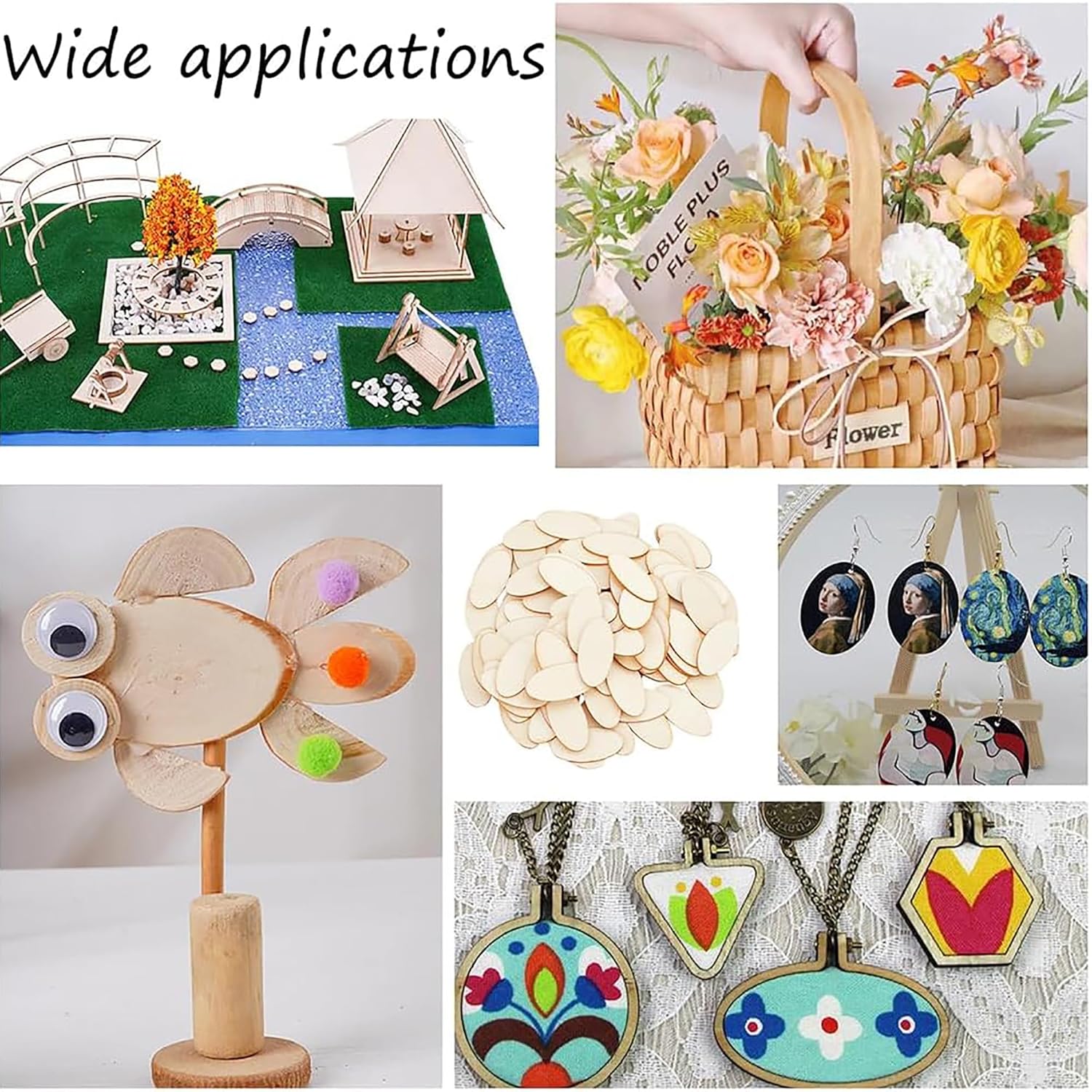 Collage of various craft items including a wooden flower, floral basket, and decorative pendants.