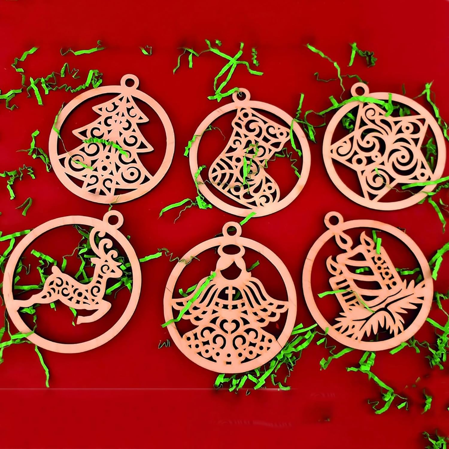 Set of six wooden Christmas ornaments on a red background with greenery.
