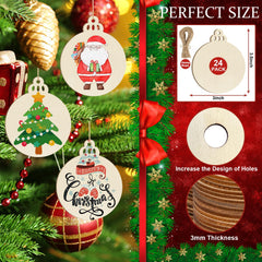 Wooden Christmas ornaments with Santa Claus, Christmas tree, and 'Merry Christmas' design on a decorated tree, with packaging details.