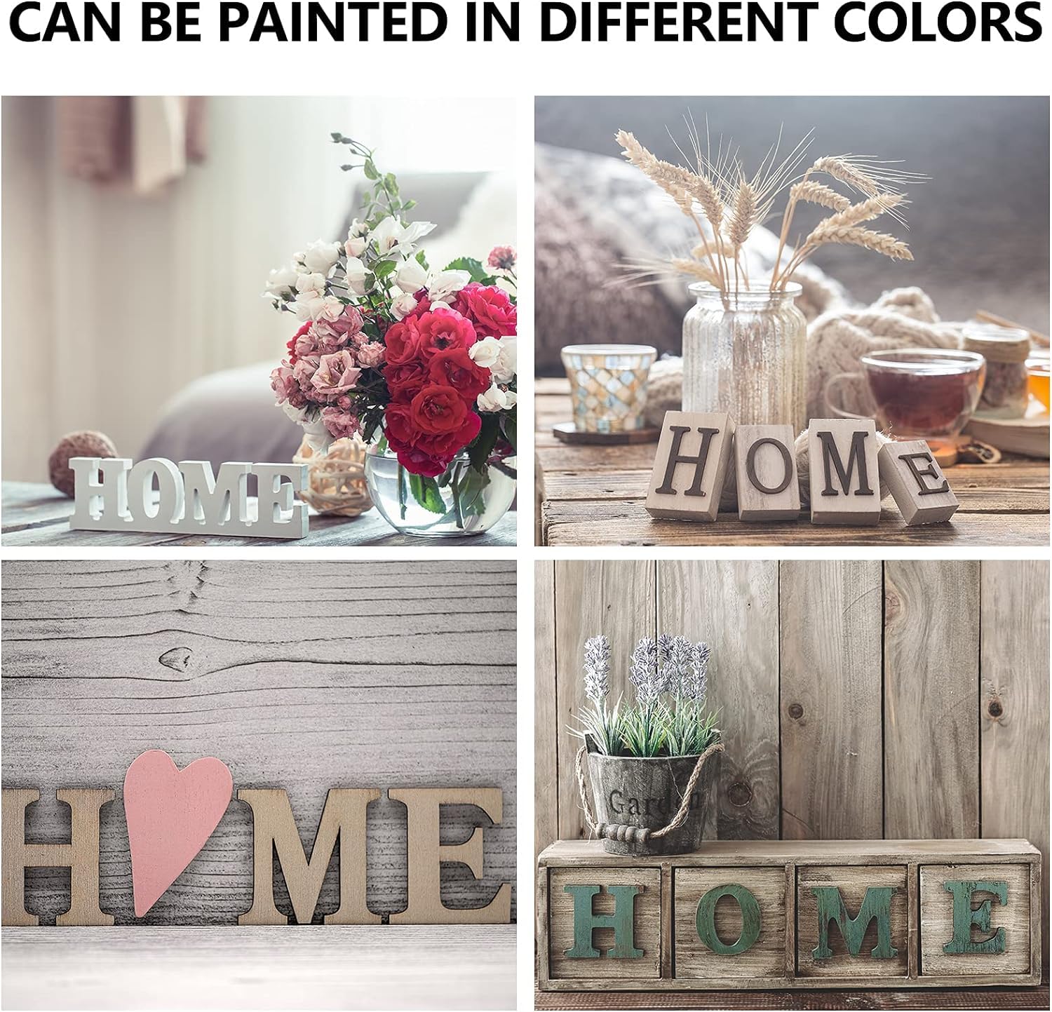 Decorative 'HOME' signs in various settings with flowers and plants.