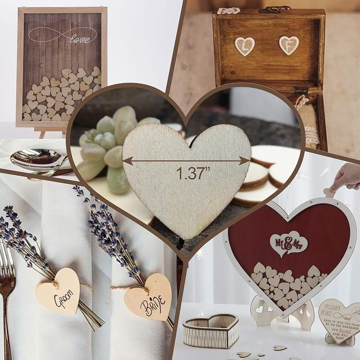 Heart-shaped wooden decor items on a table with a white background