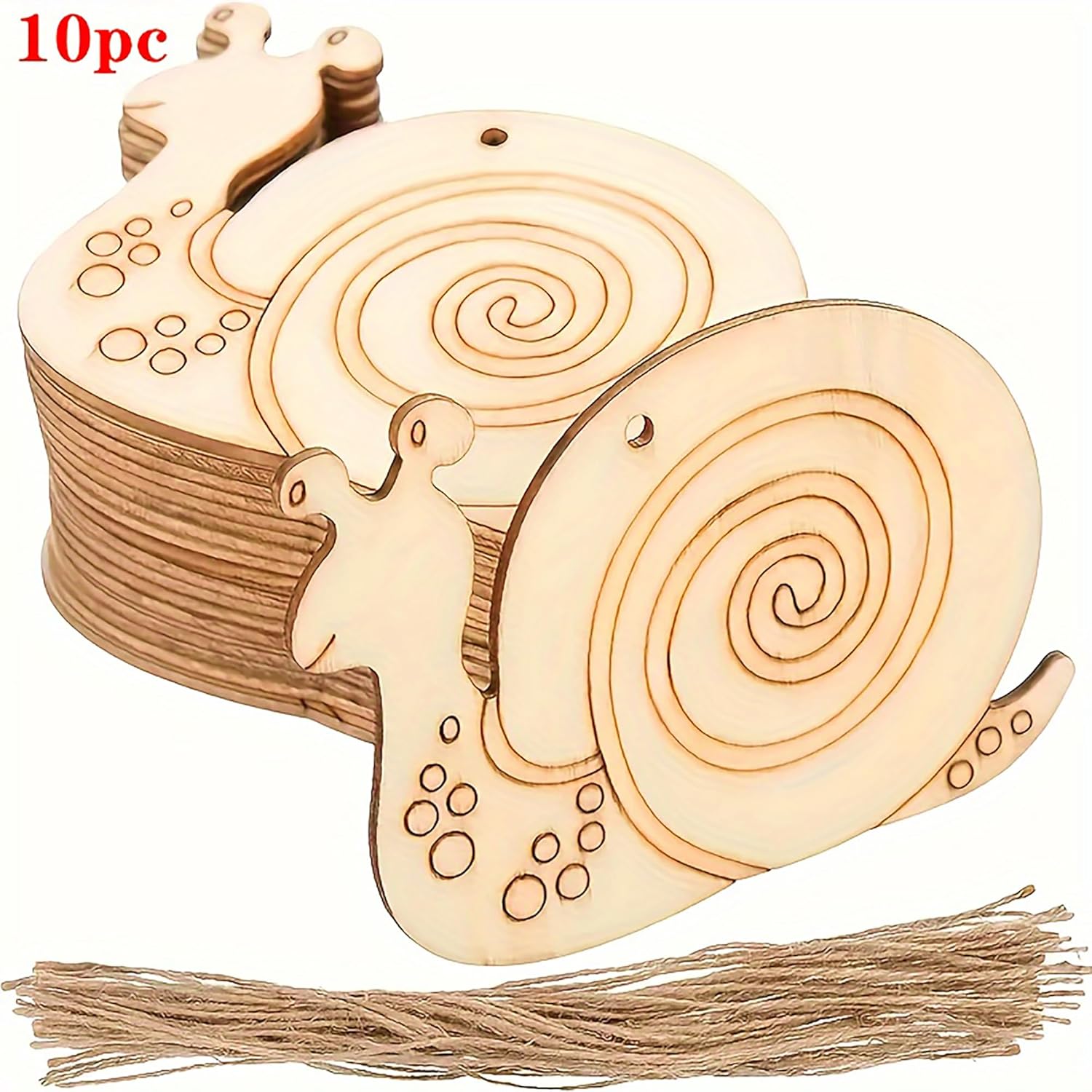 Wooden snail decorations with a tassel on a white background