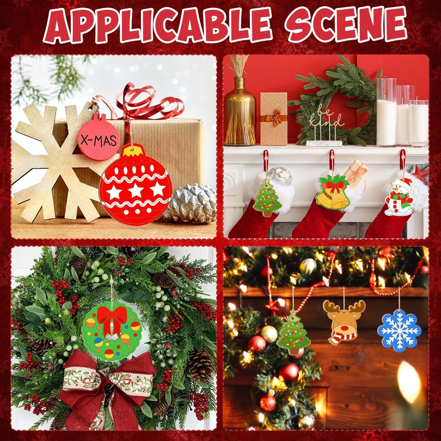 Collage of Christmas decorations including ornaments, stockings, wreaths, and lights on a red background.
