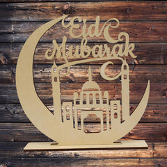 Cliths Eid Mubarak Wooden Table Decor Moon & Mosque Stand Ramadan Islamic Home Decoration Eid Al-Fitr