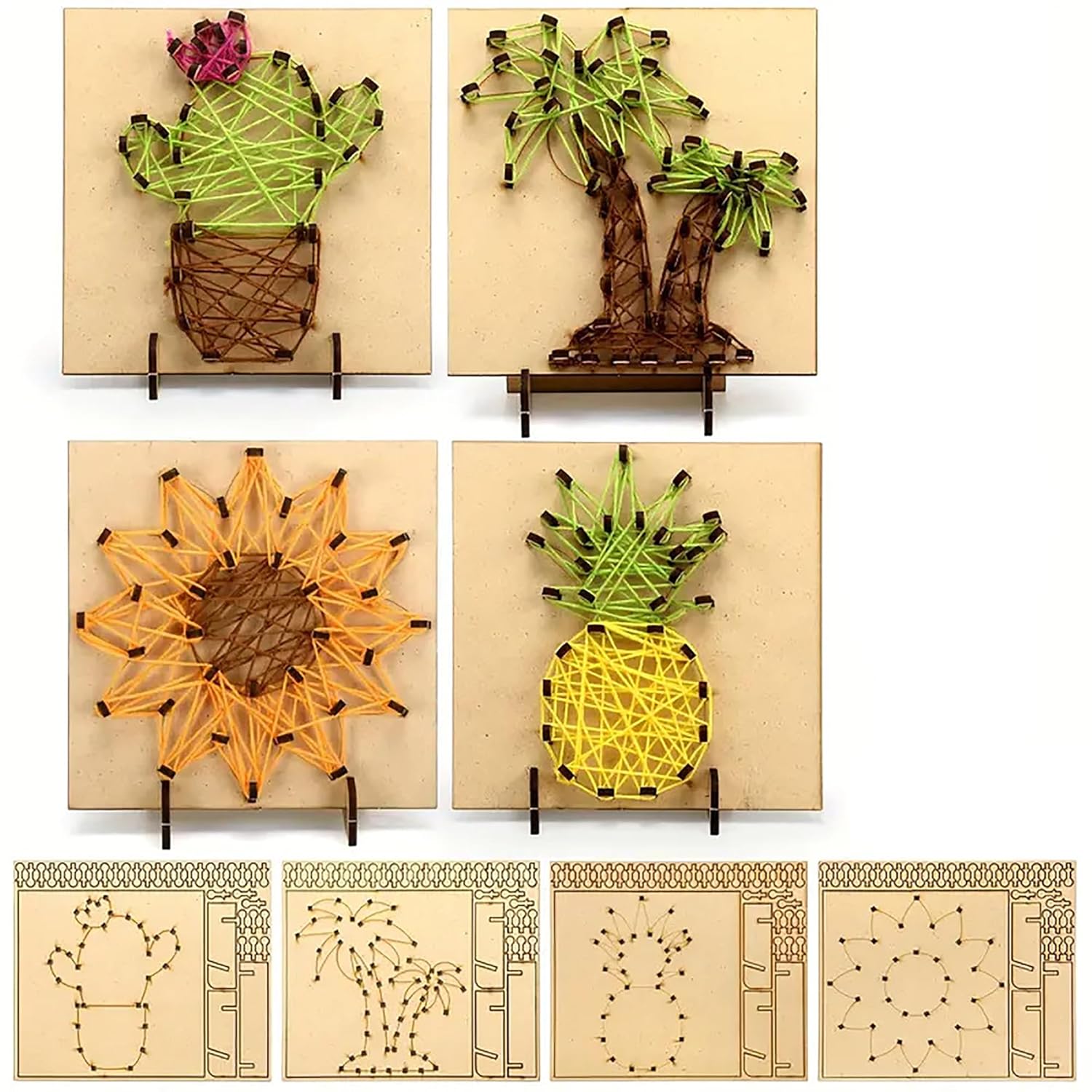 Set of string art templates shaped like a cactus, tree, sunflower, and pineapple on a beige background.