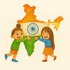 Illustration of two children holding a map of India with the Indian flag.