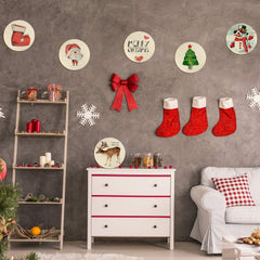 Decorative Christmas scene with stockings, shelves, and wall art on a gray wall.