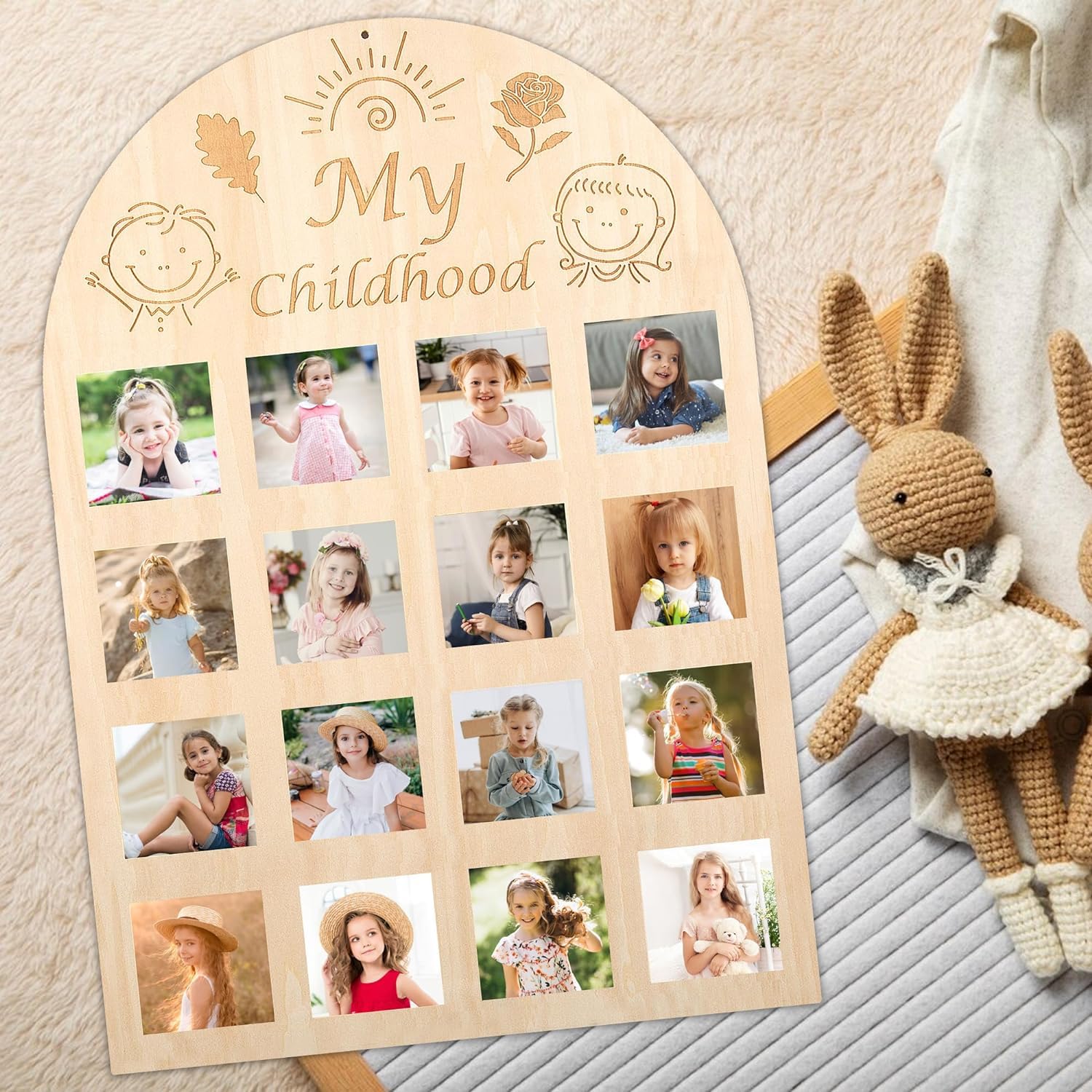 Wooden photo display with 'My Childhood' text, featuring multiple photos of a child, next to a crocheted rabbit toy.