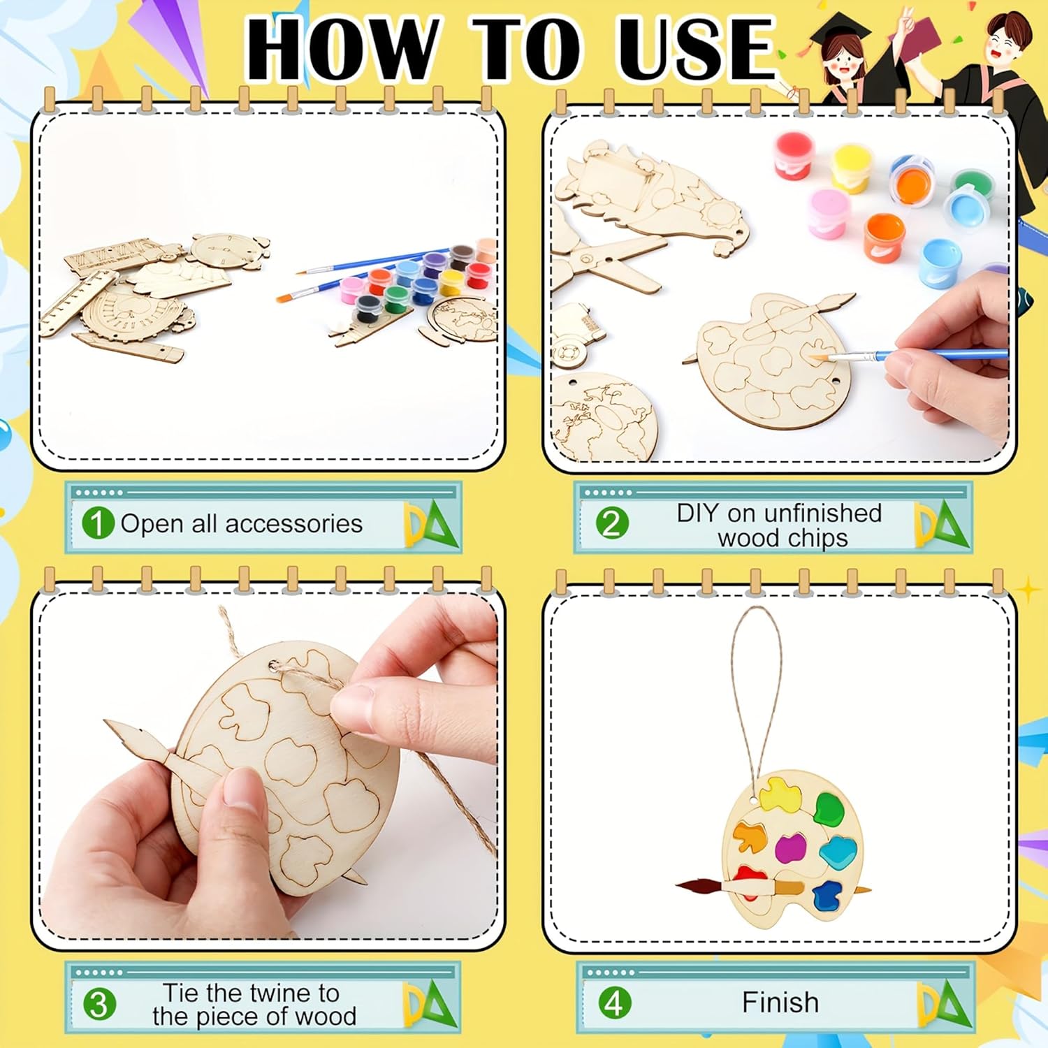 Instructions for using wooden craft kit with colorful paint and twine on a yellow background