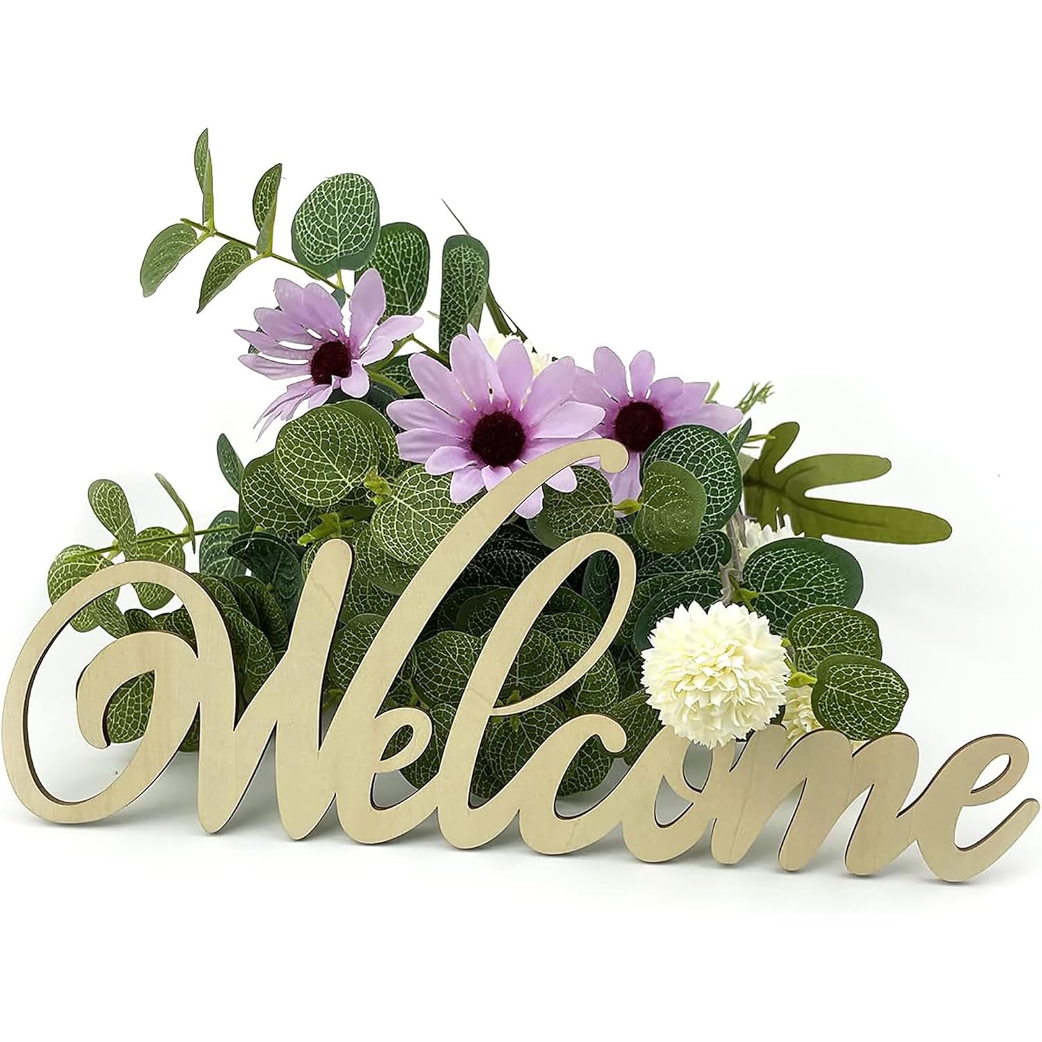 Decorative 'Welcome' sign with flowers and greenery on a white background