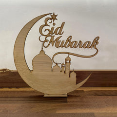 Cliths Eid Mubarak Wooden Table Sign Ramadan Decor Crescent Moon & Mosque Freestanding Islamic Decoration