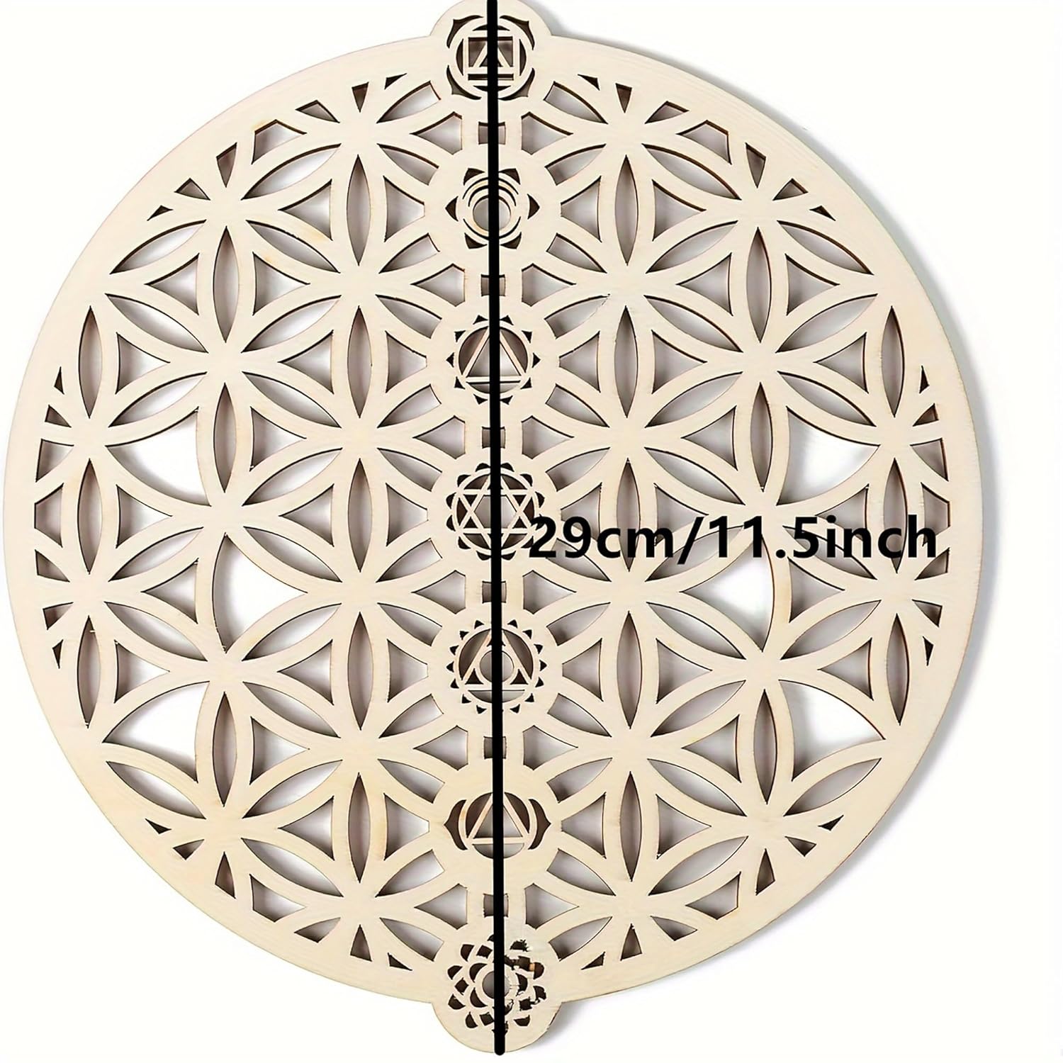 Decorative wall clock with geometric pattern and measurement label on a white background