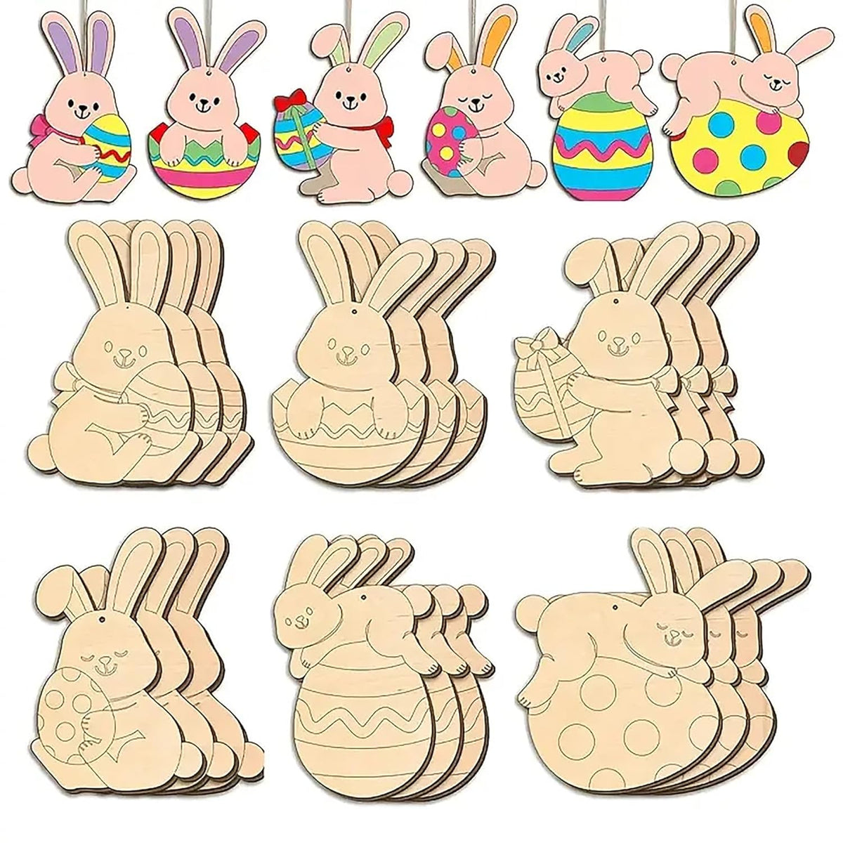 Cliths 24 Pcs Easter Bunny Egg Wooden Cutouts DIY Paintable Hanging Twine for Easter Tree & Home Decor