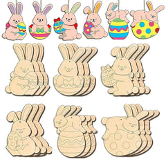 Cliths 24 Pcs Easter Bunny Egg Wooden Cutouts DIY Paintable Hanging Twine for Easter Tree & Home Decor
