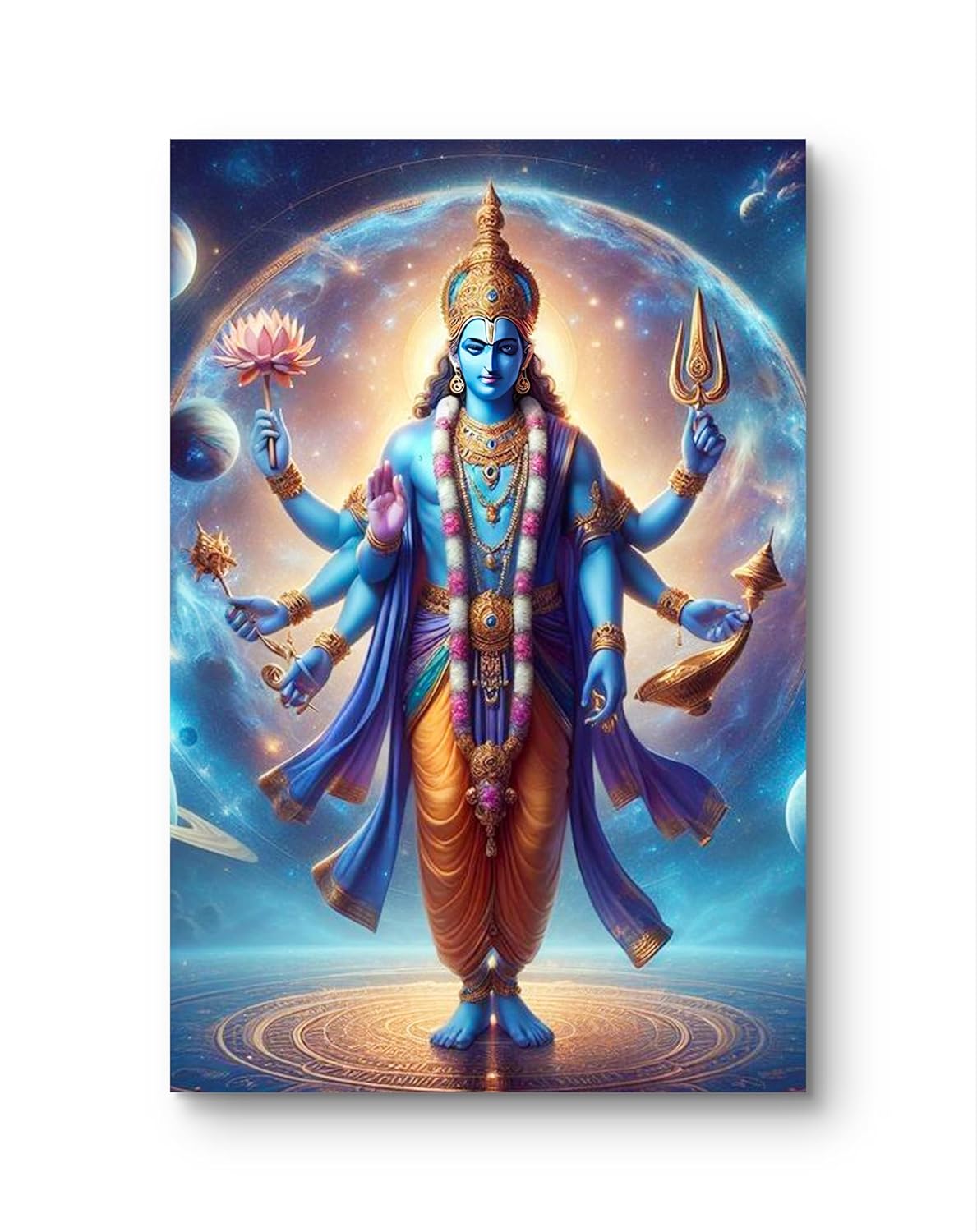 Colorful depiction of a deity with celestial background