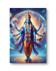Colorful depiction of a deity with celestial background
